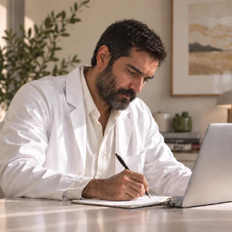 A clinician in a white coat writing notes at a desk beside a laptop