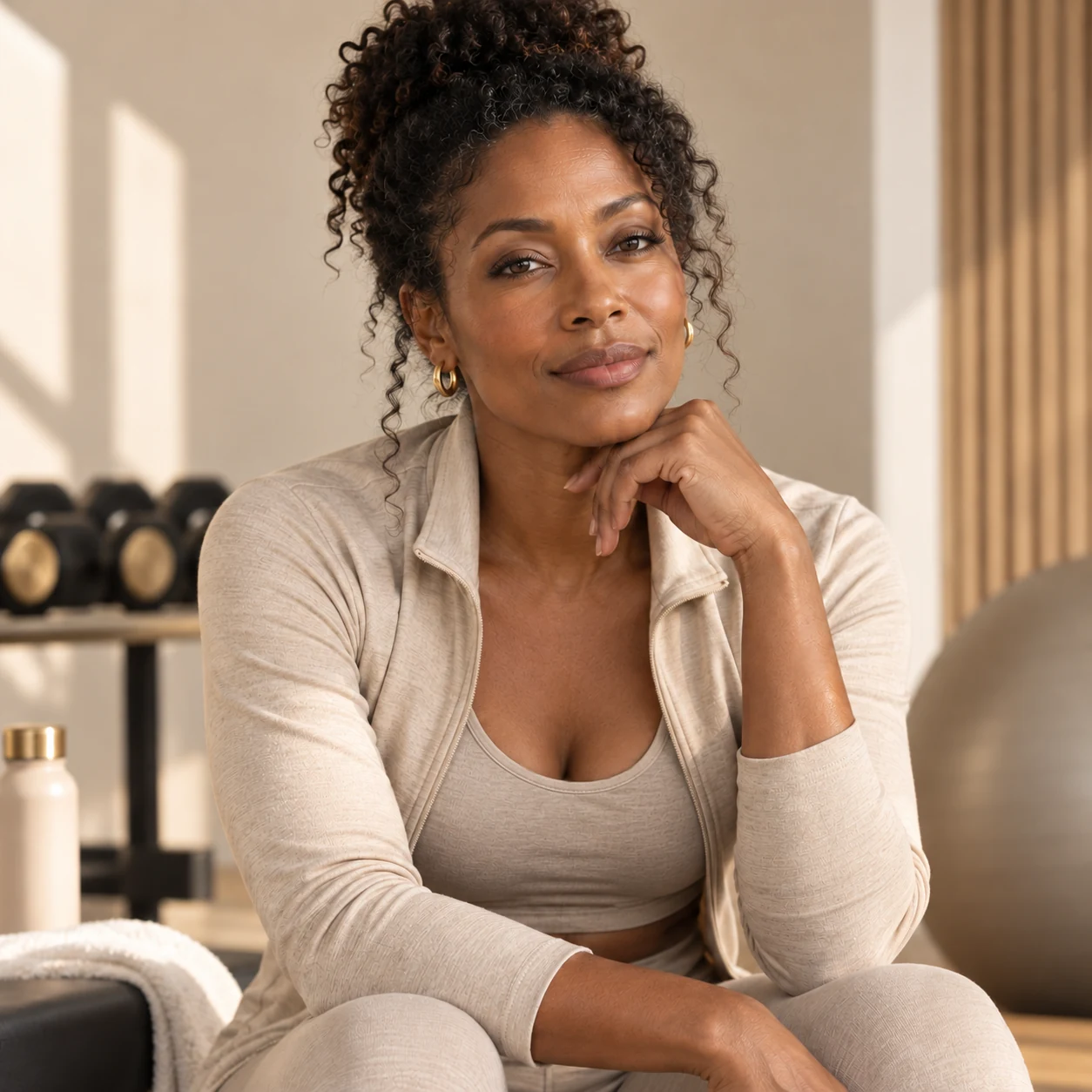 Woman in activewear seated in a sunlit gym
