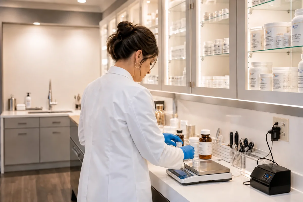 Pharmacist preparing compounded medication in licensed facility