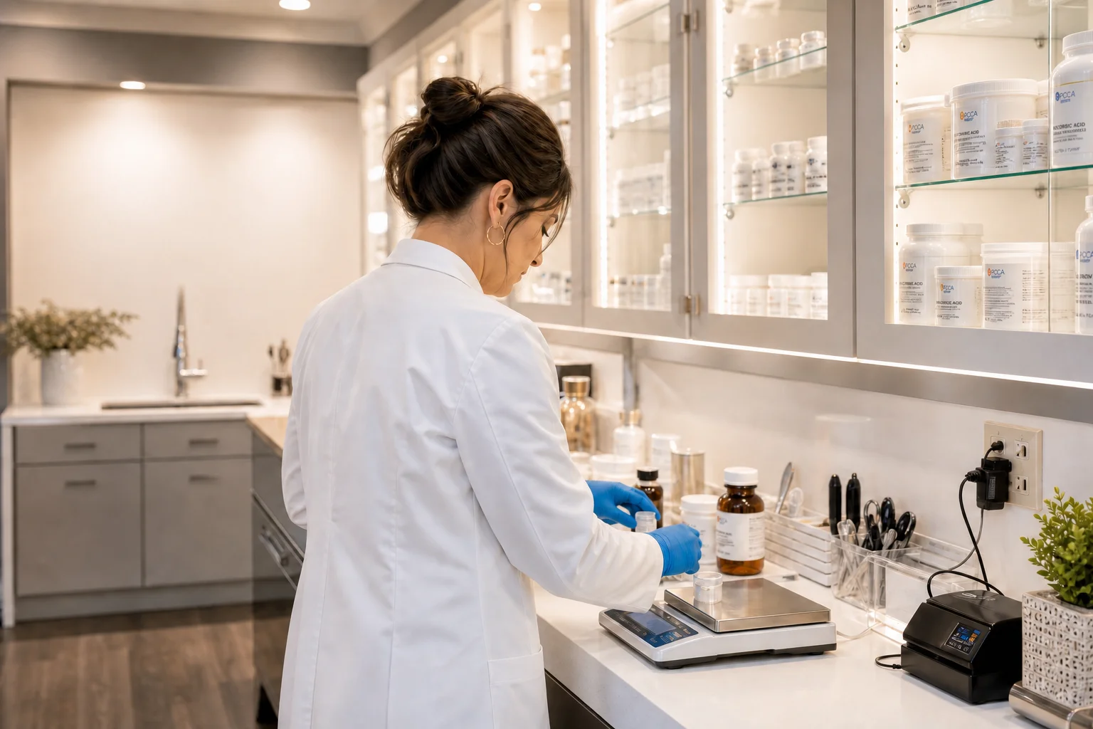 Pharmacist preparing compounded medication in licensed facility