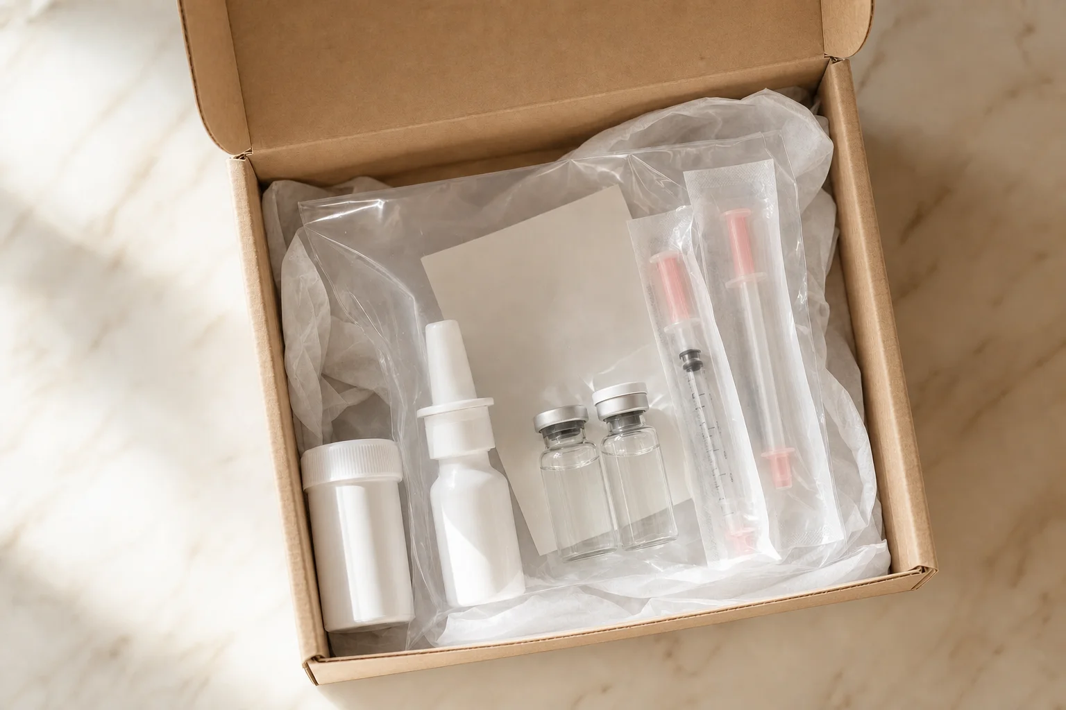 Discreet package with pharmacy-labeled container and instructions